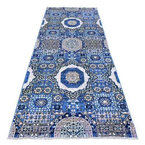 Air Force Blue, Dense Weave Vegetable Dyes, Soft Wool Hand Knotted, Fine Aryana  with Mamluk Borderless Design, Wide Runner Oriental Rug