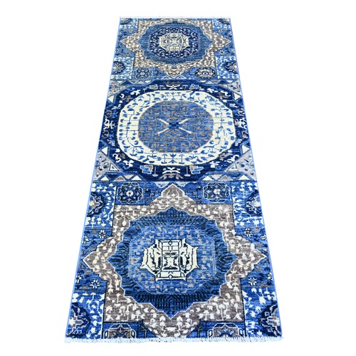 Egyptian Blue, Dense Weave Vegetable Dyes, Soft Wool Hand Knotted, Fine Aryana  with Mamluk Borderless Design, Runner Oriental Rug