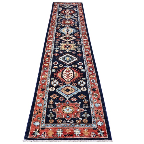 Mid Night Blue with Barn Red Border, Karajeh Design, Good Condition, Soft Wool Hand Knotted, Fine Aryana, Runner Oriental Rug