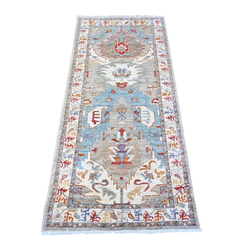 Bright Gray, Fine Aryana, Sultanabad Leaf Design, Hand Knotted, Natural Dyes, Vibrant Wool, Runner Oriental Rug