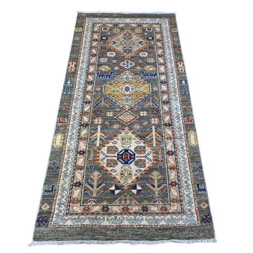 Echo Gray, Aryana with North West Persian Design with Small Animal Figurines, Natural Dyes, Luxurious Wool, Hand Knotted, Runner Oriental Rug