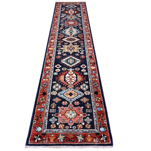 Prussian Blue with Carmine Red Border, Fine Aryana, Karajeh Design, Luxorious Wool, Hand Knotted,  Runner Oriental Rug