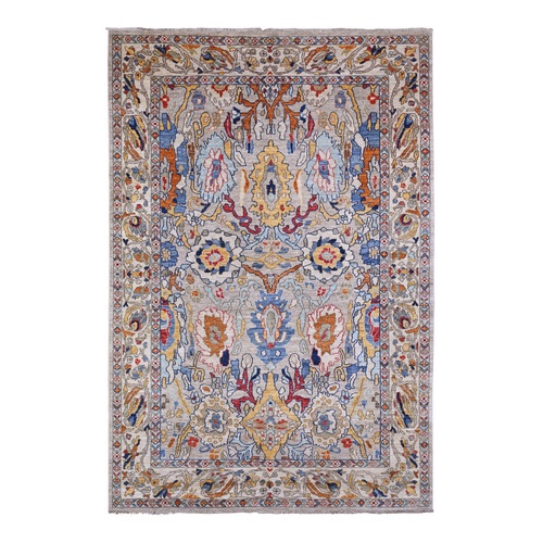 Chalk Gray, Vegetable Dyes, Aryana with Ziegler Mahal All Over Colorful Design, Hand Knotted, Vegetable Dyes, Vibrant Wool, Oriental Rug