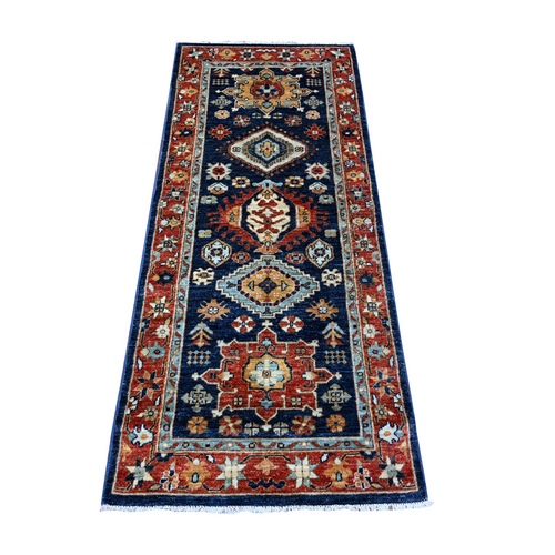 Cobalt Blue with Carmine Red Border, Fine Aryana, Karajeh Design, Luxorious Wool, Hand Knotted,  Runner Oriental Rug