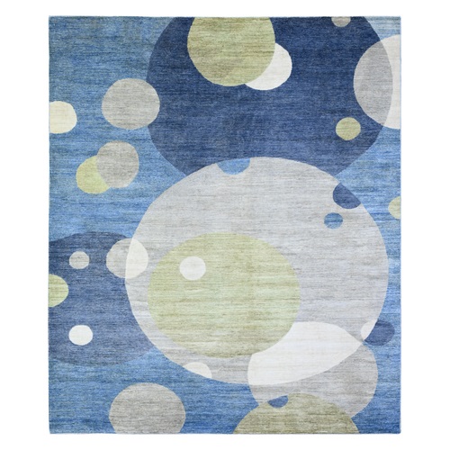 Kensington Blue, Borderless, Pure and Shiny Wool, Densely Woven Modern The Circles Design, Vegetable Dyes, Hand Knotted, Oriental Rug