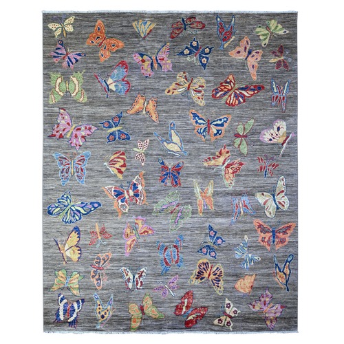 Shark Gray, All Wool Fine Peshawar All Over Colorful Butterflies Design, Hand Knotted Oriental Novelty Rug