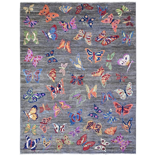 Knoxville Gray, Fine Peshawar All Over Multicolor Butterflies Design, Vegetable Dyes, Hand Knotted Natural Wool, Oriental Novelty Rug