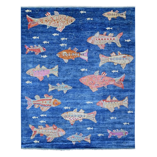 Grotto Blue, Dense Weave, Hand Knotted, Afghan Peshawar Colorful Oceanic Fish Design, Vibrant and Soft Wool Vegetable Dyes, Borderless Oriental 