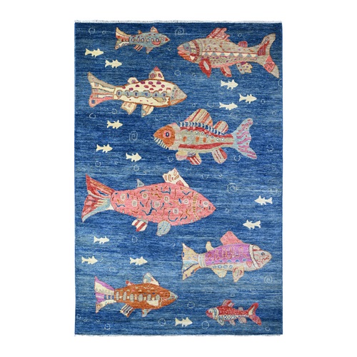 Celestial Blue, Afghan Peshawar Oceanic Colorful Fish Design, Natural and Shiny Wool, Hand Knotted, Oriental Rug 