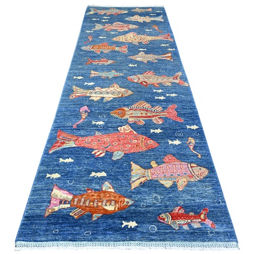 Lazy Sunday Blue, 100% Wool, Hand Knotted Afghan Peshawar Colorful Oceanic Fish Pattern, Dense Weave and Natural Dyes, Oriental Wide Runner 