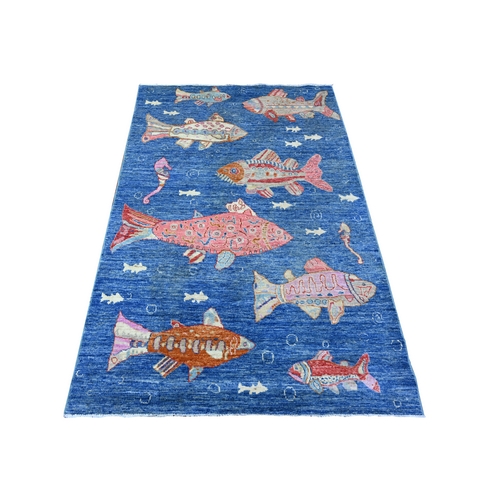 Pantone Blue, Afghan Peshawar Oceanic Fish Design, Vegetable Dyes, Densely Woven Extra Soft Wool Hand Knotted, Colorful Borderless Oriental Rug