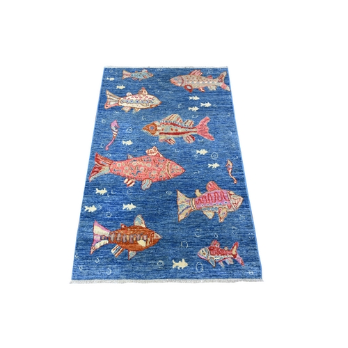 Frank Blue With Borderless, Hand Knotted Afghan Peshawar Colorful Oceanic Fish Design, All Wool Vegetable Dyes, Oriental Densely Woven Rug