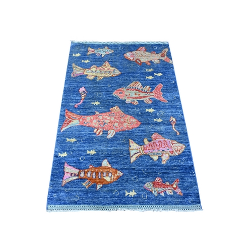 Nile Blue, 100% Wool, Borderless Hand Knotted, Afghan Peshawar With All Over Colorful Oceanic Fish Design, Dense Weave Natural Dyes, Oriental Rug