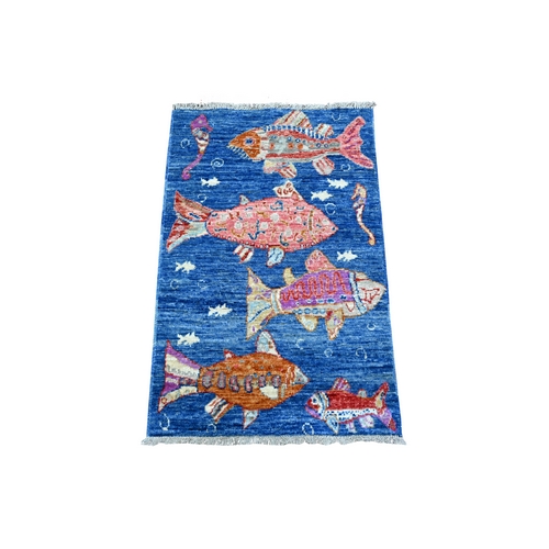 Lucerne Blue, Pure Wool, Vegetable Dyes, Afghan Peshawar and Colorful Oceanic Fish Design, Dense Weave Hand Knotted Oriental Mat Rug