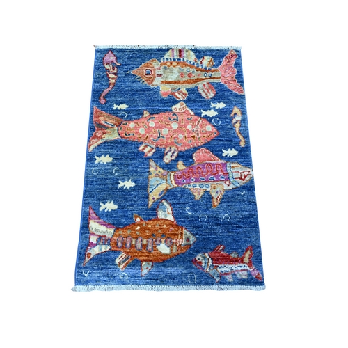 Patriot Blue, Soft and Shiny Wool Afghan Peshawar Oceanic Multicolor Fish Design   Natural Dyes, Dense Weave, Hand Knotted Oriental Mat Rug
