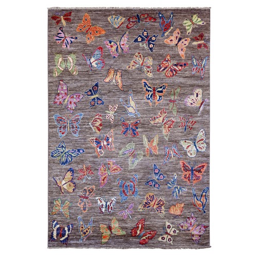 Dovetail Gray, Hand Knotted Fine Peshawar Colorful Butterflies Pattern All Over, 100% Wool Oriental Novelty Rug
