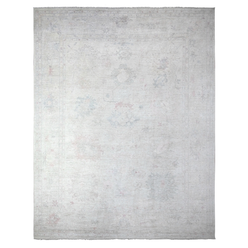 Alabaster White, Afghan Angora Oushak with Faded Out Leaf Design, Hand Knotted, 100% Wool, XL, Oversized, Oriental 
