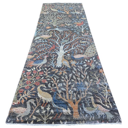 Olive Black, Afghan Peshawar with Birds of Paradise, Hand Knotted, Vegetable Dyes, Organic Wool, Wide Runner, Oriental 