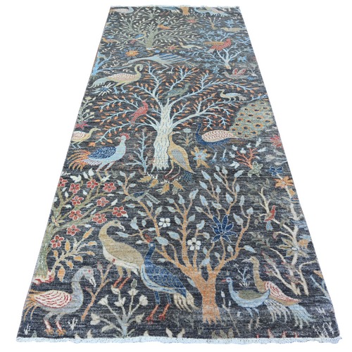 Jet Black, Hand Knotted, Organic Wool, Afghan Peshawar with Birds of Paradise, Vegetable Dyes, Wide Runner, Oriental Rug