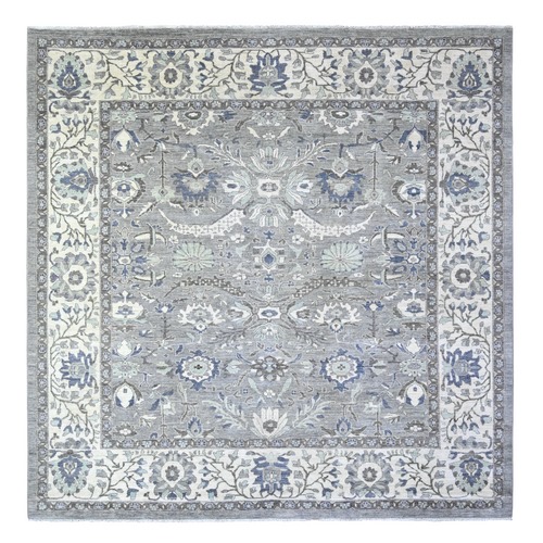 Tempered Gray and Incredible White, Fine Peshawar Heriz, Hand Knotted Sickle Leaf Design, Extra Soft Wool, Vegetable Dyes, Denser Weave, Square Oriental Rug