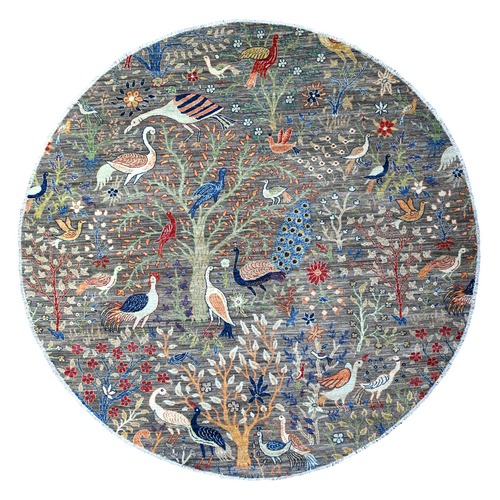 Jet Gray, Hand Knotted, Soft Wool, Afghan Peshawar with Birds of Paradise, Abrash, Natural Dyes, Round Oriental Rug
