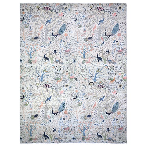 Bright Gray, Natural Wool, Afghan Peshawar with Birds of Paradise, Hand Knotted, Vegetable Dyes, Oversized Oriental 
