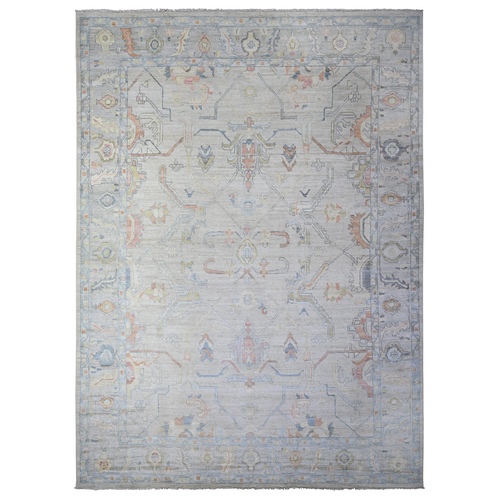 Alabaster White, Afghan Angora Oushak, Vegetable Dyes and Faded Out Colors with All Over Design, Organic Wool, Hand Knotted, Oriental Rug