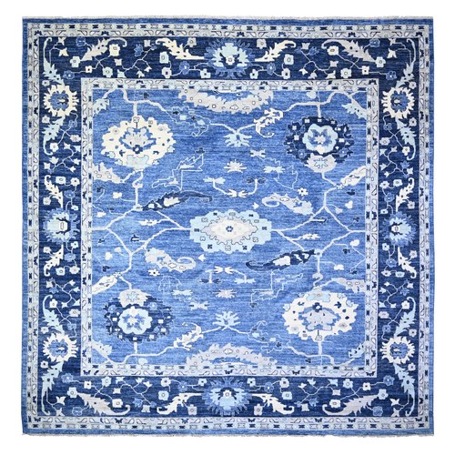 Ocean City Blue, Hand Knotted Afghan Angora Oushak with All Over Design Vegetable Dyes, 100% Wool, Oriental Square Rug