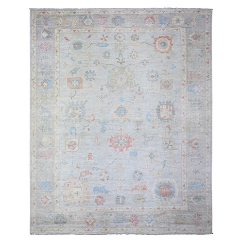 Misty Blue, Afghan Angora Oushak with All Over Leaf Design, Natural Dyes and Faded Out Colors, Pure Wool, Hand Knotted, Oriental Rug