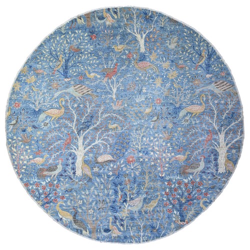 Ruddy Blue, Hand Knotted, Organic Wool, Afghan Peshawar with Birds of Paradise, Vegetable Dyes, Round, Oriental Rug