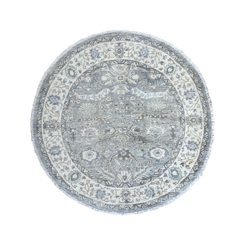 Coventry Gray and Zurich White, Natural Shiny Wool, Hand Knotted Fine Peshawar Heriz, Dense Weave Sickle Leaf Design, Natural Dyes Oriental Round Rug 