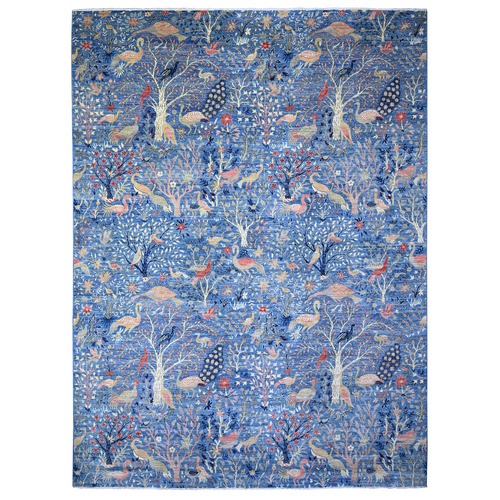 Yale Blue, Organic Wool, Afghan Peshawar with Birds of Paradise, Hand Knotted, Vegetable Dyes, Oriental Rug