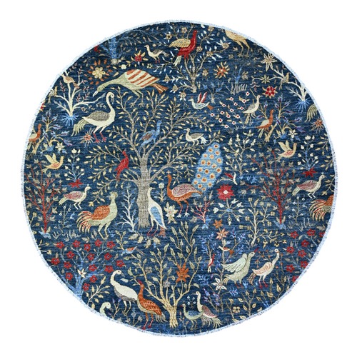 Yale Blue, Organic Wool, Afghan Peshawar with Birds of Paradise, Hand Knotted, Natural Dyes, Round Oriental Rug