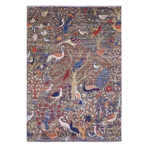 Ash Gray, Vegetable Dyes, Soft Wool, Afghan Peshawar with Birds of Paradise, Hand Knotted, Oriental Rug