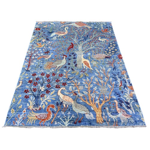Steel Blue, Afghan Peshawar with Birds of Paradise, Hand Knotted, Vegetable Dyes, Organic Wool, Oriental 