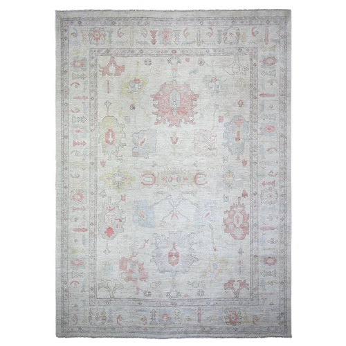 Porcelain White, Hand Knotted, Afghan Angora Oushak, Vegetable Dyes and Faded Out Colors with All Over Leaf Design, Organic Wool, Oriental Rug