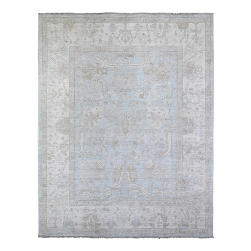 Dawn Blue With Ivory Border, Afghan Angora Oushak with Faded Colors, All Over Pattern, Hand Knotted Vegetable Dyes, Soft and Velvety Wool Oriental 