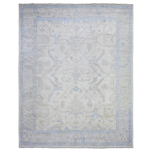Daisy White and Bright Gray, Velvety and Soft Wool, Natural Dyes,  Afghan Angora Oushak with Motifs, Hand Knotted, Oriental 