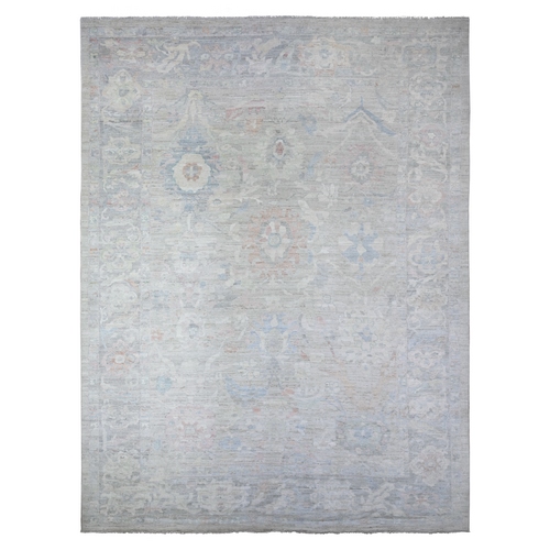 Misty Gray, Afghan Angora Oushak with Faded Out Leaf Design, Hand Knotted, 100% Wool, XL, Oversized, Oriental 