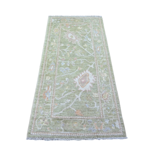 Glidden Green, Shiny and Soft Wool, Hand Knotted Afghan Angora Oushak Large Leaf Design, Vegetable Dyes Oriental Runner 
