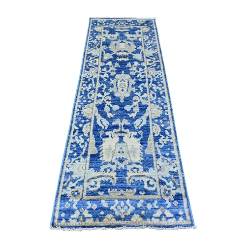 Luxe Blue, Natural Dyes and Organic Wool, Afghan Angora Oushak All Over Motifs, Hand Knotted Oriental Runner 
