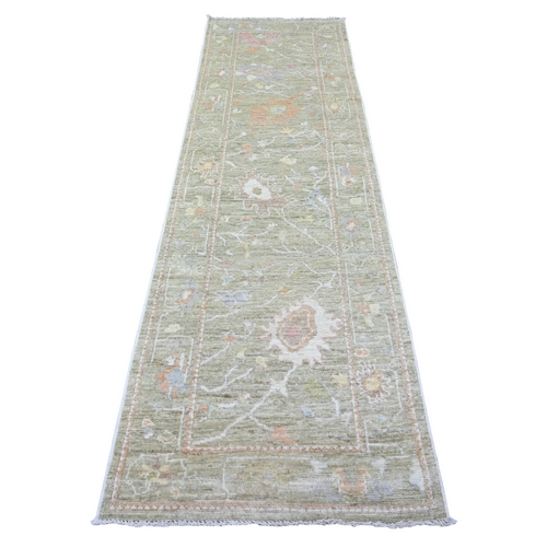 Vienna Green, Extra Soft Wool Hand Knotted Afghan Angora Oushak Leaf Design, Vegetable Dyes, Oriental Runner 