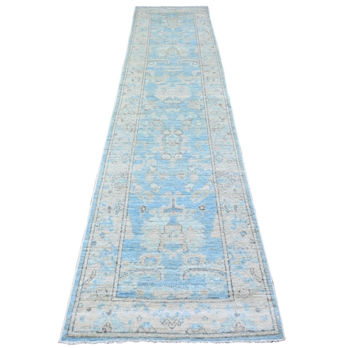 Sapphire Sea Blue, All Wool, Vegetable Dyes, Afghan Angora Oushak All Over Design, Hand Knotted Oriental Runner 