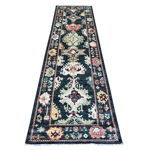 Licorice Black, Soft and Vibrant Wool Hand Knotted Afghan Angora Oushak Motifs With Pop of Colors, Natural Dyes Oriental Runner 