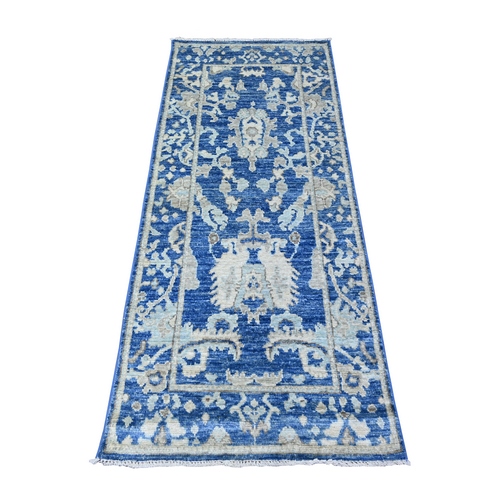 Warriors Blue, Vibrant Wool, Natural Dyes Afghan Angora Oushak and All Over Elements, Hand Knotted Runner Oriental 