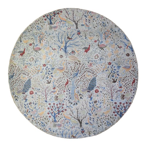 Gainsboro Gray, Organic Wool, Afghan Peshawar with Birds of Paradise, Hand Knotted, Vegetable Dyes, Round, Oriental Rug