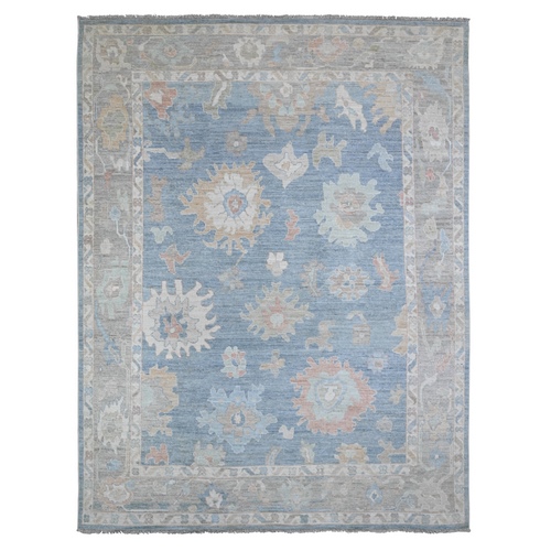 Aegean Blue, Afghan Angora Oushak with Large Leaf Design, Natural Dyes, Pure Wool, Hand Knotted, Oriental Rug