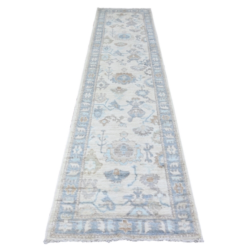 Chantilly Lace White, Afghan Angora Oushak Natural Dyes, All Over Motifs Hand Knotted Soft and Vibrant Wool, Oriental Runner 