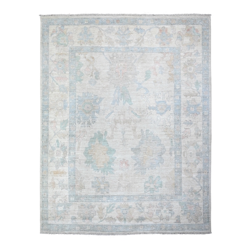 Daisy White, Afghan Angora Oushak with All Over Leaf Design, Vegetable Dyes and Faded Out Colors, Pure Wool, Hand Knotted Oriental Rug