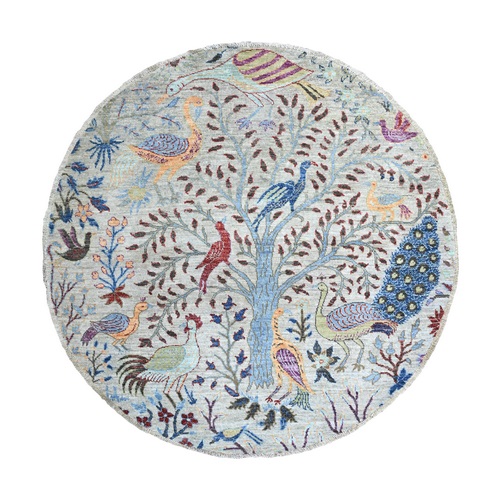 Gainsboro Gray, Afghan Peshawar with Birds of Paradise, Hand Knotted, Vegetable Dyes, Organic Wool, Round, Oriental 